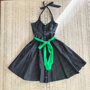 Maeve Anthropologie | Navy Striped Halter Dress with Green Tie Belt | Size 2
